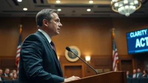 Legal professional speaking at a podium in a hearing room with CLARITY Act displayed on screen.