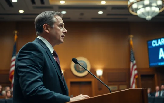 Legal professional speaking at a podium in a hearing room with CLARITY Act displayed on screen.