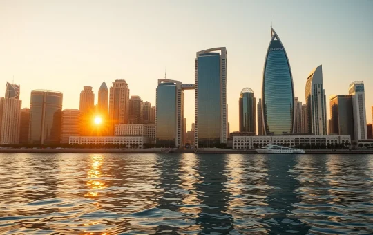 Dubai International Financial Centre skyline at sunset, representing Ripple's regulatory expansion in the UAE.