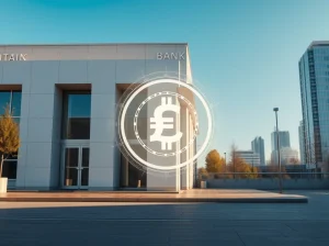 Digital stablecoin transforming into fiat currency in front of a modern bank building