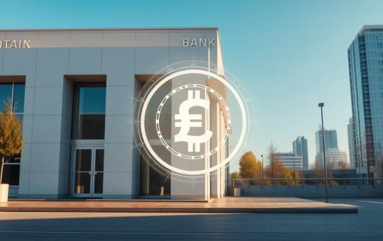 Digital stablecoin transforming into fiat currency in front of a modern bank building