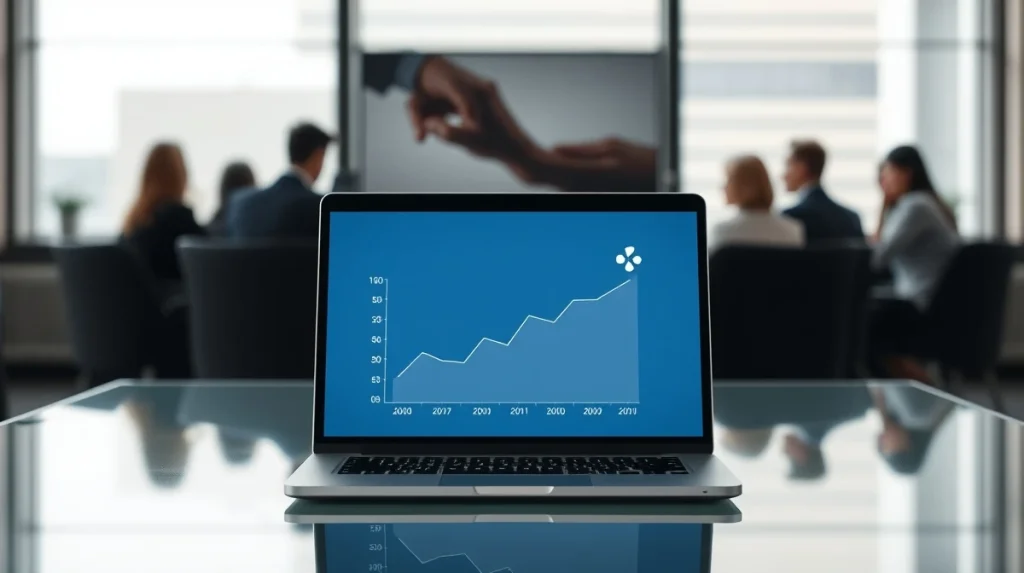 Professional financial office with laptop displaying digital asset lending data, representing institutional crypto lending growth.