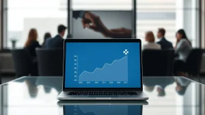 Professional financial office with laptop displaying digital asset lending data, representing institutional crypto lending growth.