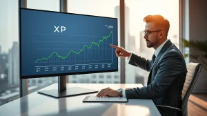 Financial analyst pointing at XRP price chart on screen in modern office
