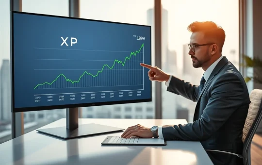 Financial analyst pointing at XRP price chart on screen in modern office