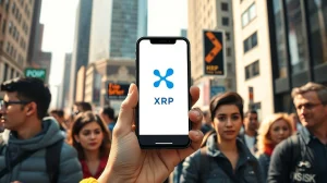 Ripple logo on a smartphone held by a person on a busy city street, representing public awareness of XRP cryptocurrency.