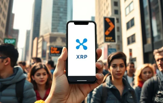 Ripple logo on a smartphone held by a person on a busy city street, representing public awareness of XRP cryptocurrency.