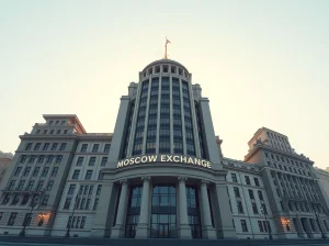 Moscow Exchange building with digital blockchain data streams symbolizing Russia MOEX crypto indices expansion for Solana, XRP, Tron, and Binance Coin.