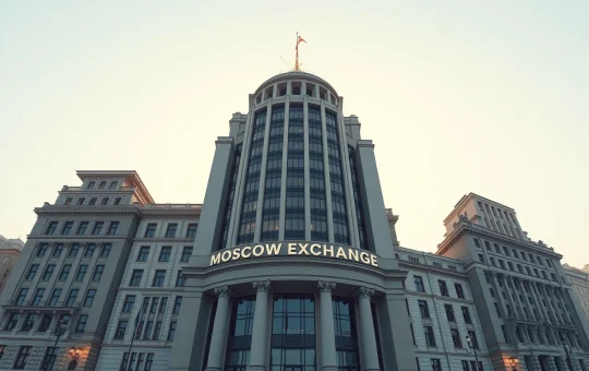 Moscow Exchange building with digital blockchain data streams symbolizing Russia MOEX crypto indices expansion for Solana, XRP, Tron, and Binance Coin.