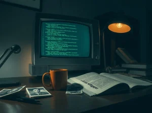 Investigative scene suggesting the search for Bitcoin's creator Satoshi Nakamoto.