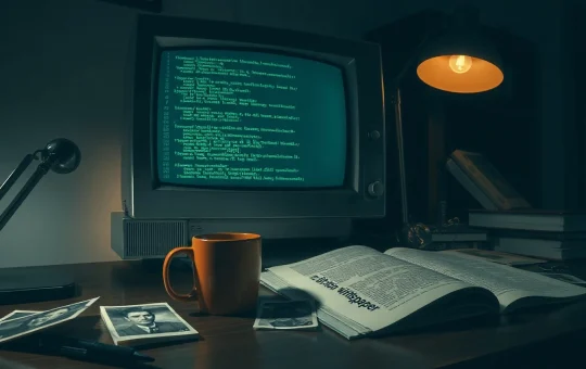 Investigative scene suggesting the search for Bitcoin's creator Satoshi Nakamoto.