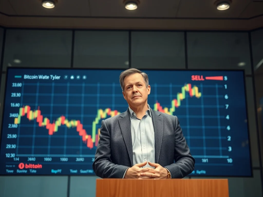 Michael Saylor at a press conference with a Bitcoin chart showing a downward trend and a sell signal in the background.