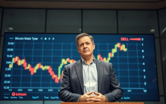 Michael Saylor at a press conference with a Bitcoin chart showing a downward trend and a sell signal in the background.