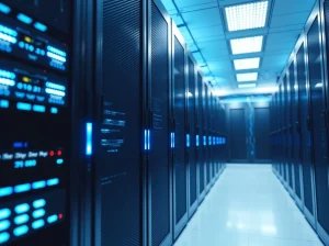 Data center server racks with blue LED lights representing Sei blockchain infrastructure for Giga upgrade analysis