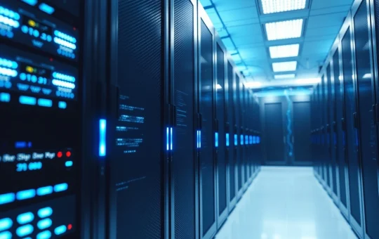 Data center server racks with blue LED lights representing Sei blockchain infrastructure for Giga upgrade analysis