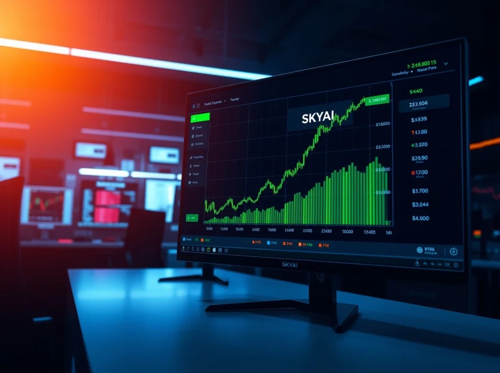 Cryptocurrency trading monitor displaying a sharp green SKYAI price spike chart in a professional office setting.