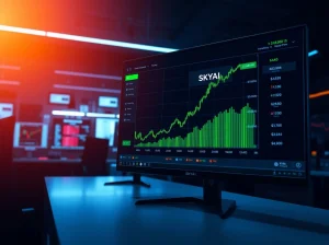 Cryptocurrency trading monitor displaying a sharp green SKYAI price spike chart in a professional office setting.
