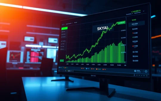 Cryptocurrency trading monitor displaying a sharp green SKYAI price spike chart in a professional office setting.