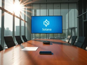 Corporate boardroom with digital screen showing Solana logo and swap interface during acquisition announcement