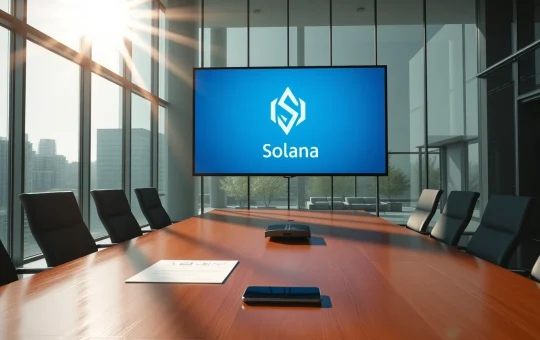 Corporate boardroom with digital screen showing Solana logo and swap interface during acquisition announcement
