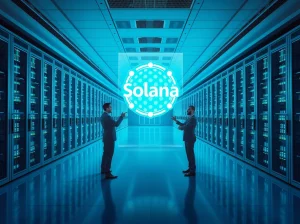 Solana and Google Cloud partnership illustration showing a holographic Solana logo in a modern data center with professionals discussing blockchain integration.
