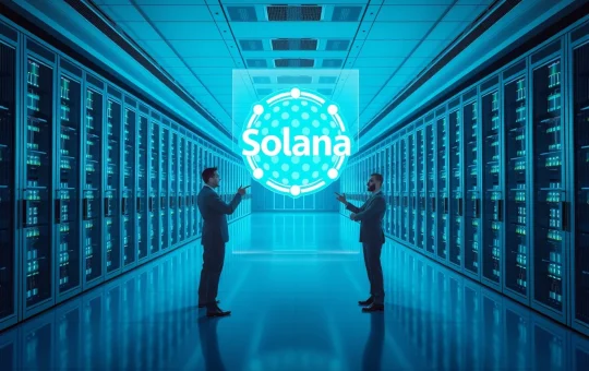 Solana and Google Cloud partnership illustration showing a holographic Solana logo in a modern data center with professionals discussing blockchain integration.
