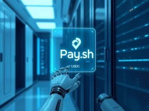 Holographic interface showing Pay.sh and USDC with a robotic hand interacting, in a modern server room.