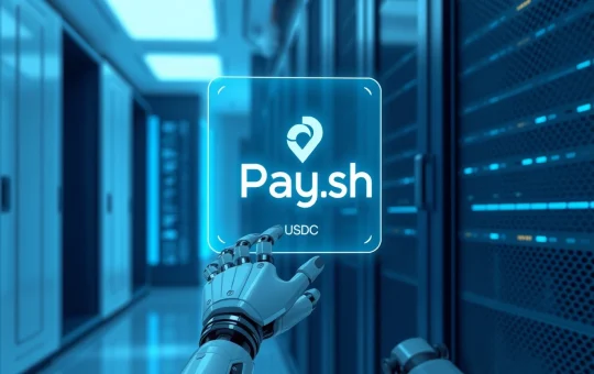 Holographic interface showing Pay.sh and USDC with a robotic hand interacting, in a modern server room.