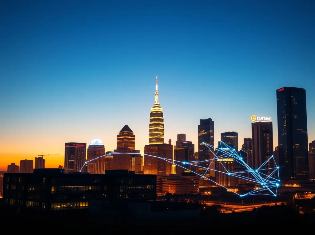 Digital network lines connecting city buildings at dusk, representing Solana's real-world asset growth