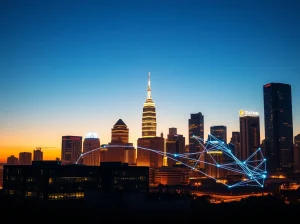 Digital network lines connecting city buildings at dusk, representing Solana's real-world asset growth