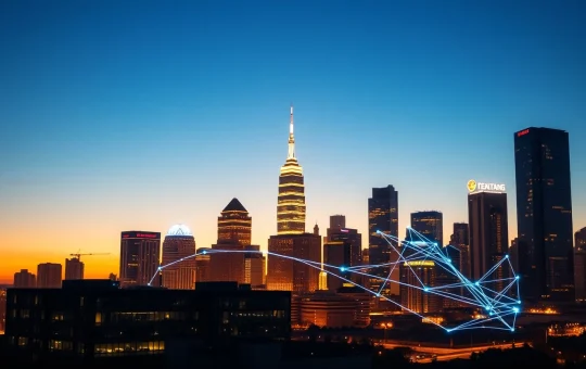Digital network lines connecting city buildings at dusk, representing Solana's real-world asset growth