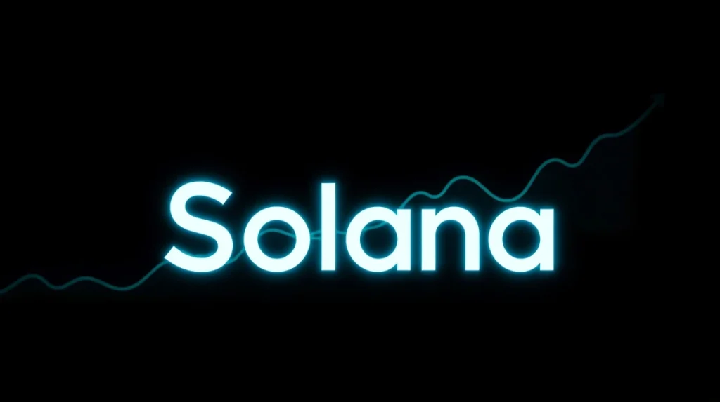 Solana cryptocurrency logo with upward trending graph in background