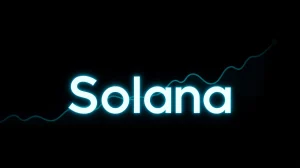 Solana cryptocurrency logo with upward trending graph in background