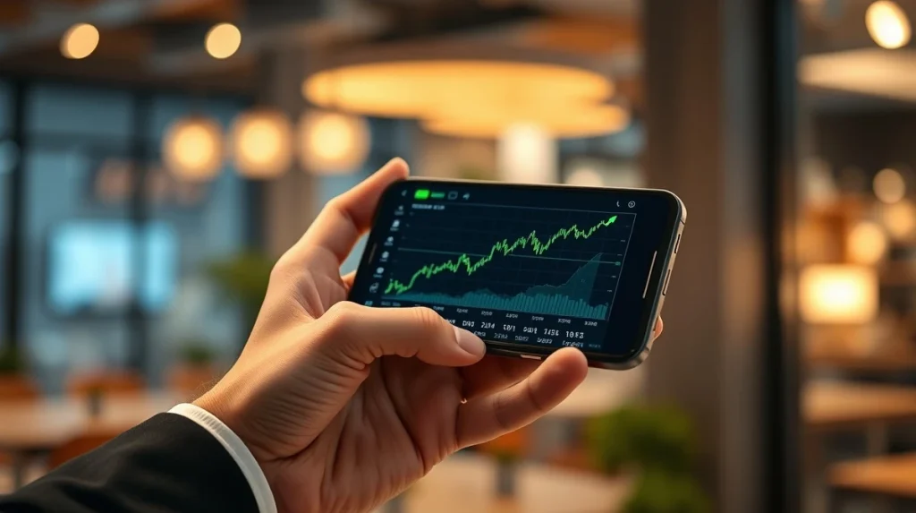Hand holding a smartphone displaying a bullish Solana (SOL) price chart with green candles.