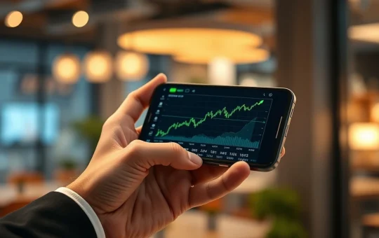 Hand holding a smartphone displaying a bullish Solana (SOL) price chart with green candles.