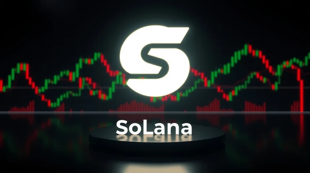 Solana logo centered over digital price charts with green and red candlesticks indicating market volatility.