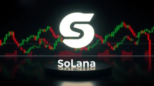 Solana logo centered over digital price charts with green and red candlesticks indicating market volatility.