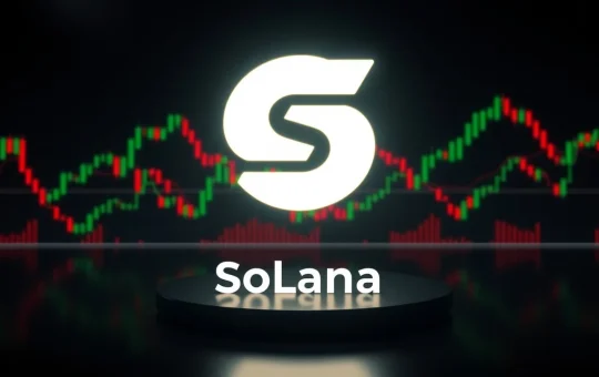 Solana logo centered over digital price charts with green and red candlesticks indicating market volatility.