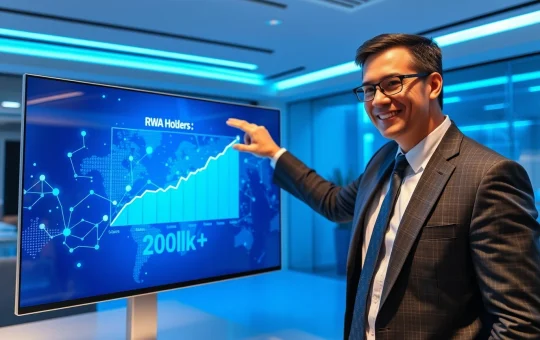 Financial analyst reviewing Solana RWA growth chart showing 200,000 holders milestone