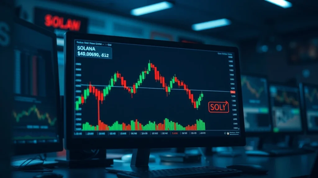Close-up of a trading screen showing a Solana candlestick chart with a bearish TD Sequential sell signal.