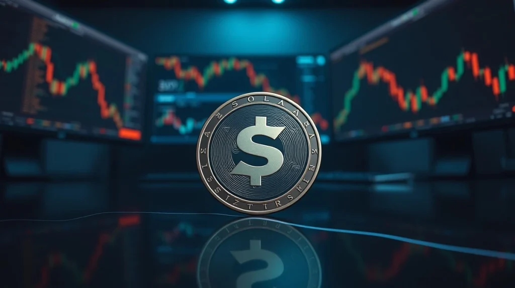 Solana token on reflective surface with trading charts in background, illustrating price analysis