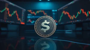 Solana token on reflective surface with trading charts in background, illustrating price analysis