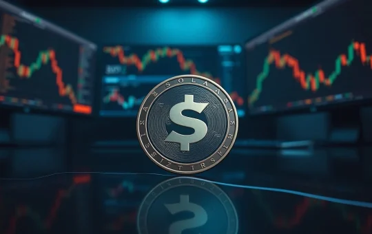 Solana token on reflective surface with trading charts in background, illustrating price analysis