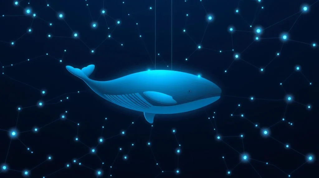 A digital whale swimming through a network of blockchain nodes, representing a large cryptocurrency investor.