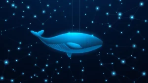 A digital whale swimming through a network of blockchain nodes, representing a large cryptocurrency investor.