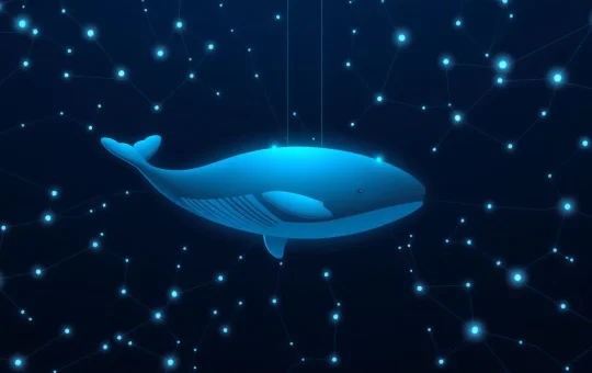 A digital whale swimming through a network of blockchain nodes, representing a large cryptocurrency investor.