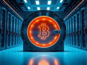 Digital vault with glowing Bitcoin symbol representing Solv Protocol's $700M security migration.