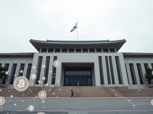 South Korea National Assembly building with digital cryptocurrency overlay representing new forex law regulating crypto transfers.
