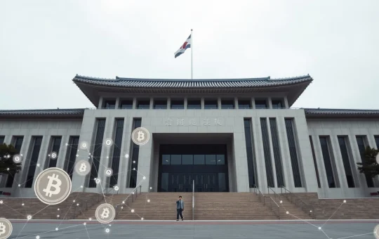 South Korea National Assembly building with digital cryptocurrency overlay representing new forex law regulating crypto transfers.