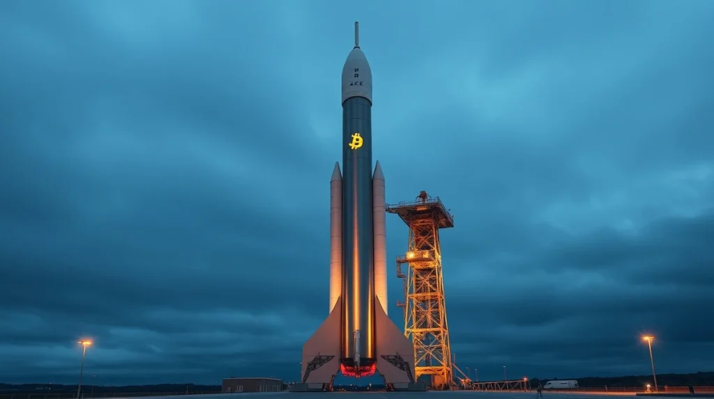 SpaceX rocket on launch pad with faint Bitcoin symbol reflection, representing corporate crypto holdings.